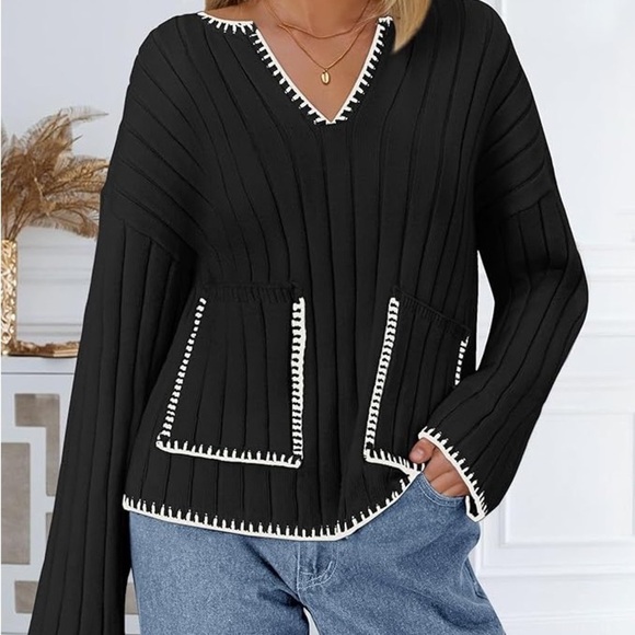 Black and White Ribbed Bell Sleeve Sweater Tops - Picture 3 of 10